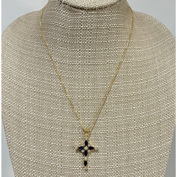 Delicate blue & white crystal cross pendant on goldtone chain religious jewelry - Picture 3 of 5
